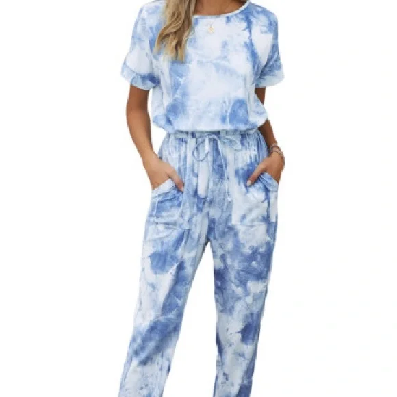 Blue Pocketed Tie Dye Knit Jumpsuit. NWT. - Picture 6 of 16